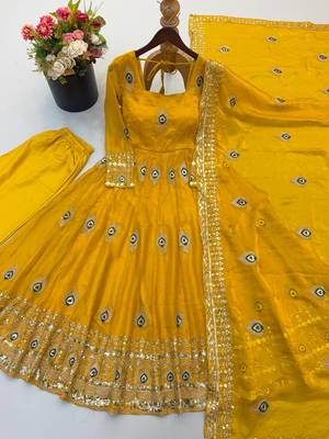 Yellow peacock feather embroidered silk gown with pant & dupatta 4