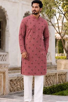 Men’s dusty pink rayon chikan schiffli work kurta with raymond cotton pyjama 1