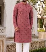 Men’s dusty pink rayon chikan schiffli work kurta with raymond cotton pyjama