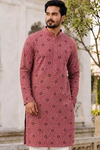 Men’s dusty pink rayon chikan schiffli work kurta with raymond cotton pyjama
