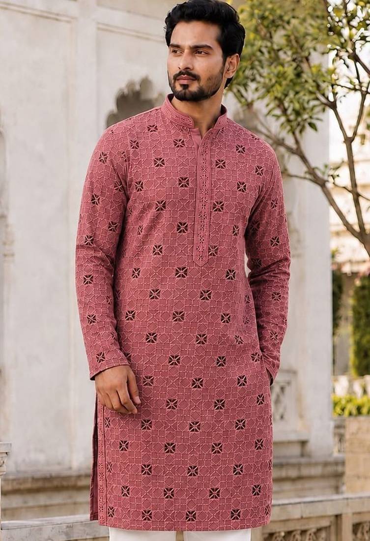 Men’s dusty pink rayon chikan schiffli work kurta with raymond cotton pyjama