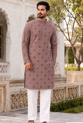 Men’s dusty rose rayon chikan schiffli work kurta with raymond cotton pyjama 1