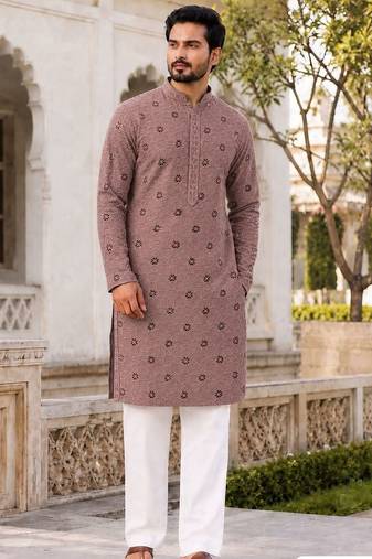 Men   s dusty rose rayon chikan schiffli work kurta with raymond cotton pyjama