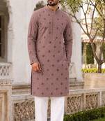 Men’s dusty rose rayon chikan schiffli work kurta with raymond cotton pyjama