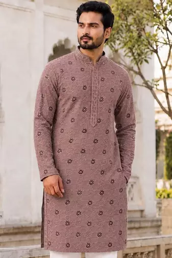 Men’s dusty rose rayon chikan schiffli work kurta with raymond cotton pyjama