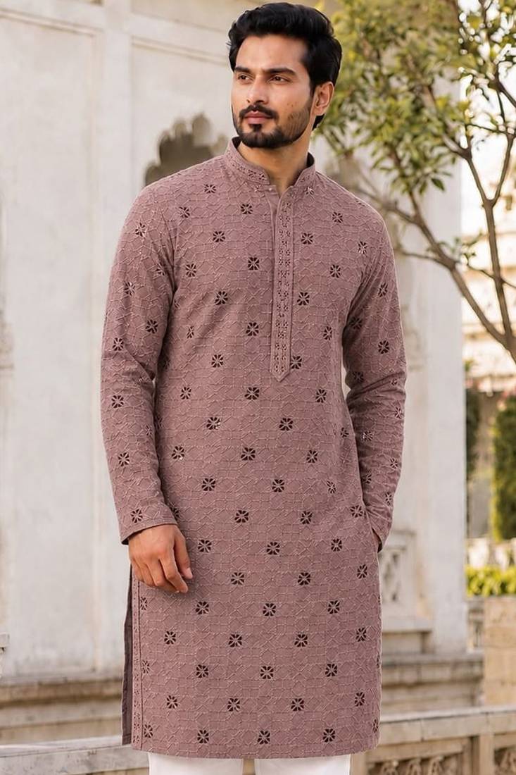 Men’s dusty rose rayon chikan schiffli work kurta with raymond cotton pyjama