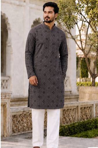 Men   s grey rayon chikan schiffli work kurta with raymond cotton pyjama
