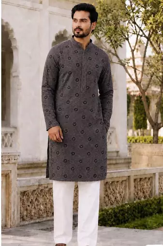 Men’s grey rayon chikan schiffli work kurta with raymond cotton pyjama