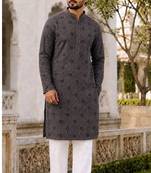Men’s grey rayon chikan schiffli work kurta with raymond cotton pyjama