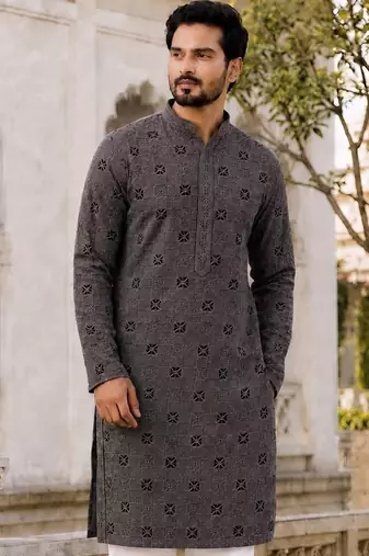 Men’s grey rayon chikan schiffli work kurta with raymond cotton pyjama