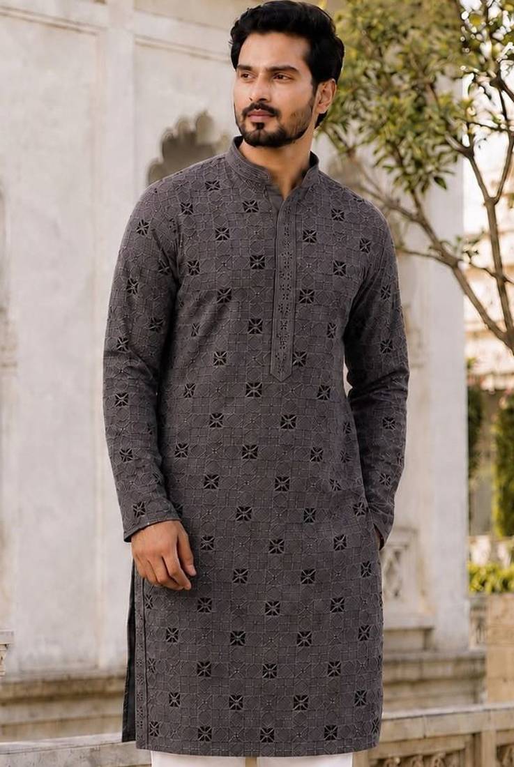 Men’s grey rayon chikan schiffli work kurta with raymond cotton pyjama
