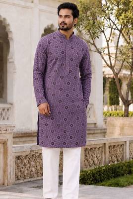 Men’s lilac rayon chikan schiffli work kurta with raymond cotton pyjama 1