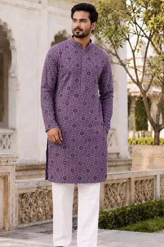 Men’s lilac rayon chikan schiffli work kurta with raymond cotton pyjama