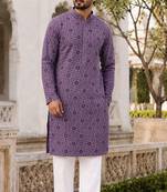 Men’s lilac rayon chikan schiffli work kurta with raymond cotton pyjama