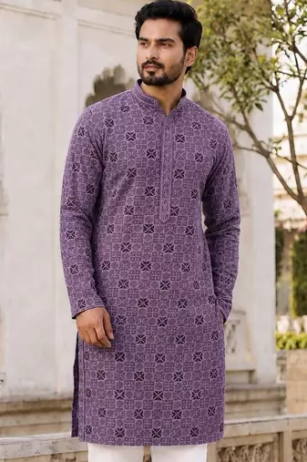 Men’s lilac rayon chikan schiffli work kurta with raymond cotton pyjama