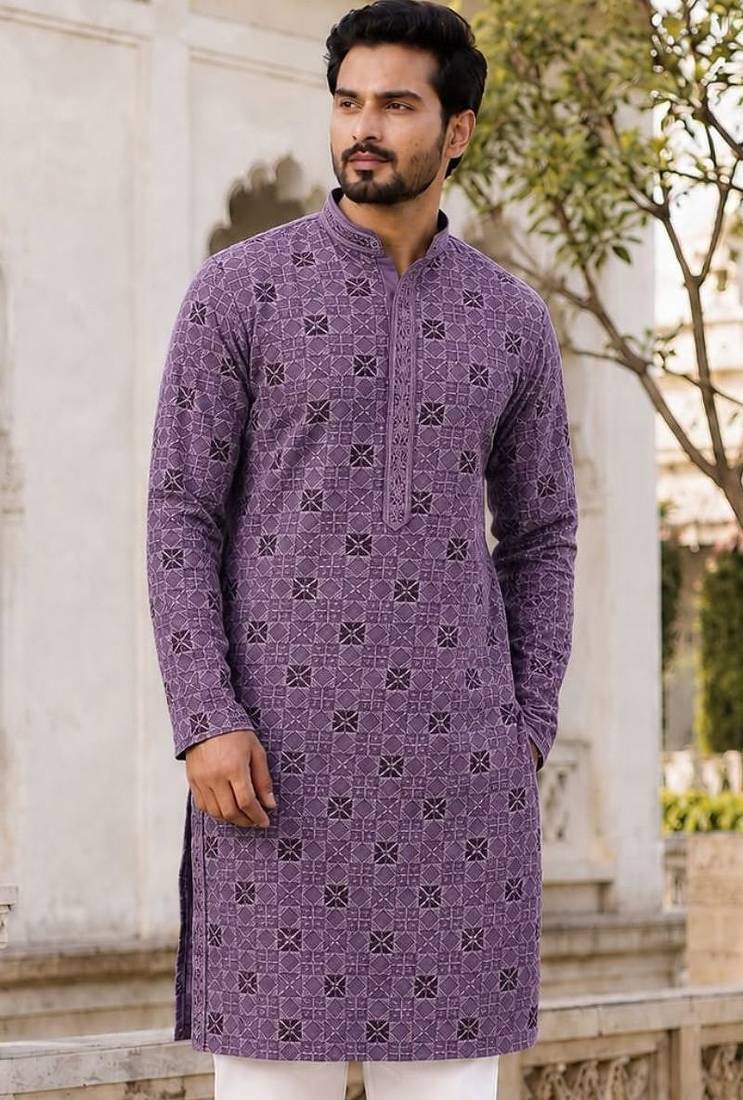 Men’s lilac rayon chikan schiffli work kurta with raymond cotton pyjama