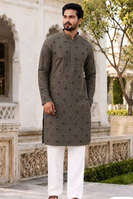 Men’s mehandi rayon chikan schiffli work kurta with raymond cotton pyjama 1