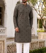 Men’s mehandi rayon chikan schiffli work kurta with raymond cotton pyjama