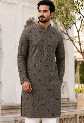 Men’s mehandi rayon chikan schiffli work kurta with raymond cotton pyjama 2