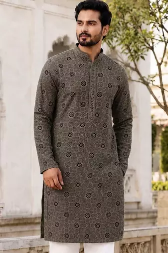 Men’s mehandi rayon chikan schiffli work kurta with raymond cotton pyjama