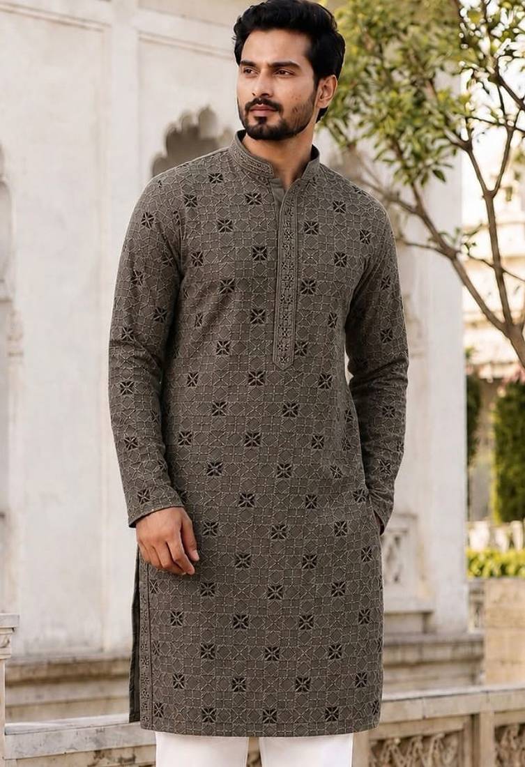 Men’s mehandi rayon chikan schiffli work kurta with raymond cotton pyjama