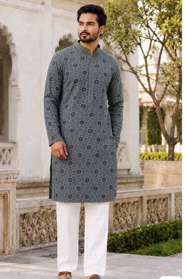 Men’s mint rayon chikan schiffli work kurta with raymond cotton pyjama 1