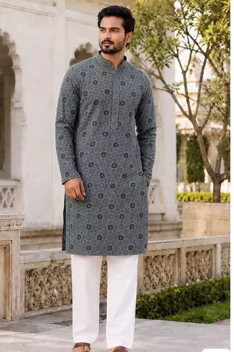 Men’s mint rayon chikan schiffli work kurta with raymond cotton pyjama
