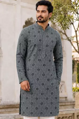 Men’s mint rayon chikan schiffli work kurta with raymond cotton pyjama
