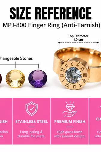Anti-tarnish, 3 interchangeable stones, high gloss finish.