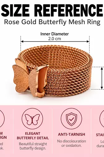 Anti-tarnish, 1.0 cm band width, textured butterfly detail, wide mesh band