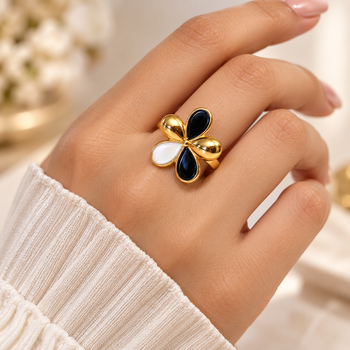 Gold-tone finish, glossy enamel petals, lightweight fit, flower design. 1
