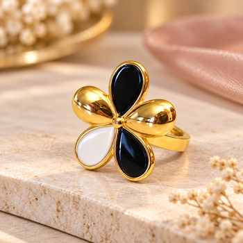 Gold-tone finish, glossy enamel petals, lightweight fit, flower design. 2