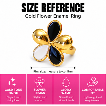 Gold-tone finish, glossy enamel petals, lightweight fit, flower design. 3