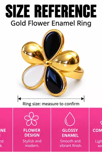 Gold-tone finish, glossy enamel petals, lightweight fit, flower design.