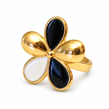 Gold-tone finish, glossy enamel petals, lightweight fit, flower design. 4