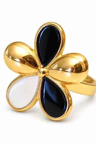 Gold-tone finish, glossy enamel petals, lightweight fit, flower design.