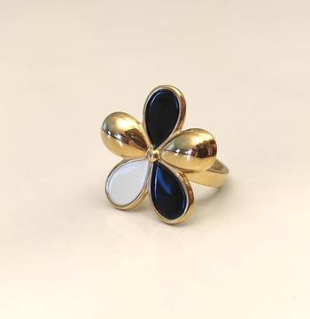 Gold-tone finish, glossy enamel petals, lightweight fit, flower design. 5