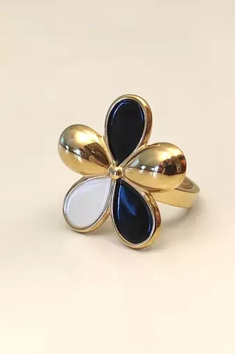 Gold-tone finish, glossy enamel petals, lightweight fit, flower design.