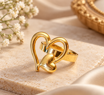 Dual heart design, polished finish, bold cocktail ring, romantic style. 2