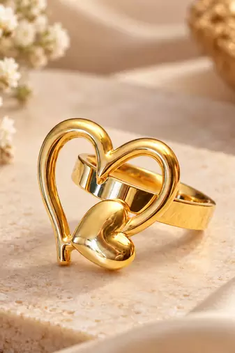 Dual heart design, polished finish, bold cocktail ring, romantic style.