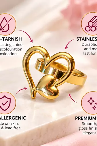 Dual heart design, polished finish, bold cocktail ring, romantic style.