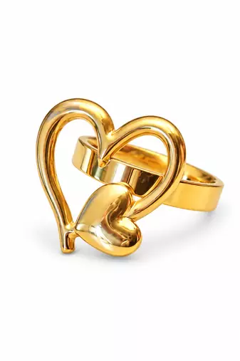 Dual heart design, polished finish, bold cocktail ring, romantic style.