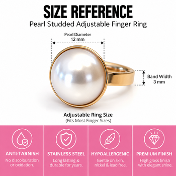 Stainless steel, anti-tarnish, hypoallergenic, gloss finish, fits most finger sizes 3
