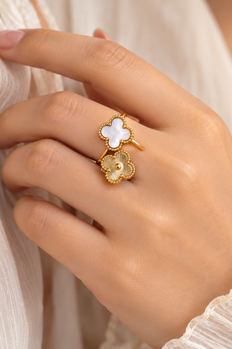 Anti-tarnish, hypoallergenic, open band design, mirror polish finish floral mother of pearl adjustable