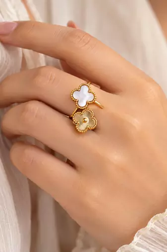 Anti-tarnish, hypoallergenic, open band design, mirror polish finish floral mother of pearl adjustable