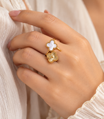 Anti-tarnish, hypoallergenic, open band design, mirror polish finish floral mother of pearl adjustable