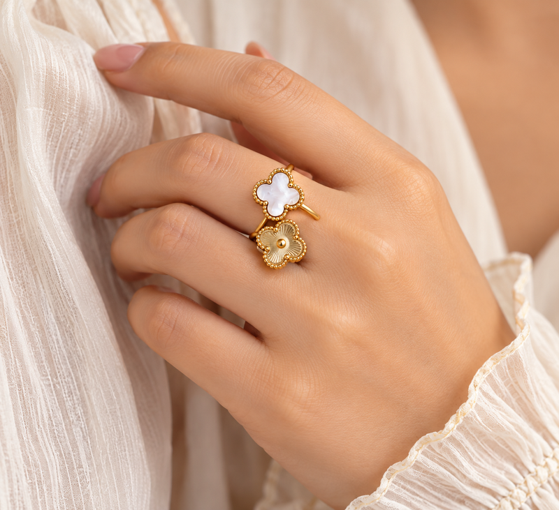 Anti-tarnish, hypoallergenic, open band design, mirror polish finish floral mother of pearl adjustable