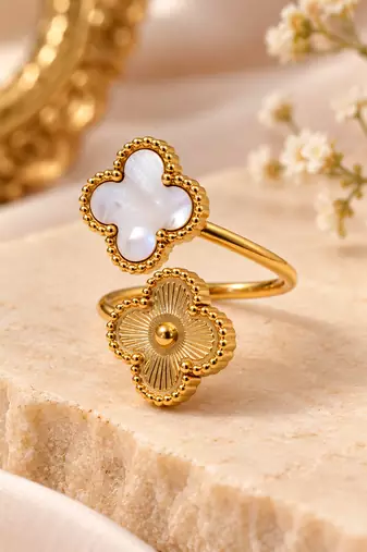 Anti-tarnish, hypoallergenic, open band design, mirror polish finish floral mother of pearl adjustable