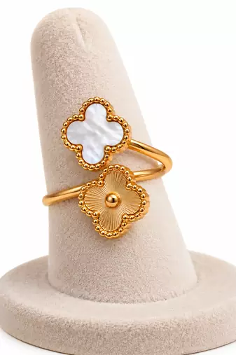 Anti-tarnish, hypoallergenic, open band design, mirror polish finish floral mother of pearl adjustable