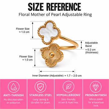 Anti-tarnish, hypoallergenic, open band design, mirror polish finish floral mother of pearl adjustable 4